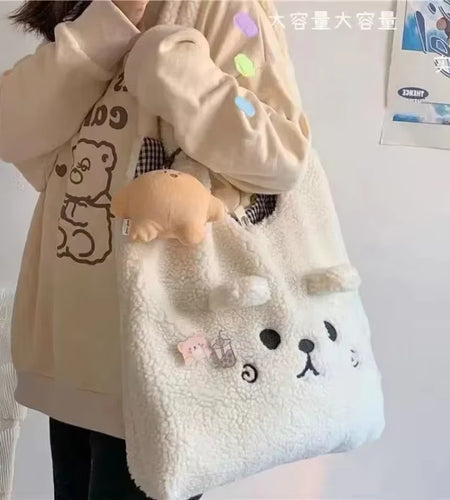 New Winter Soft Plush Tote Bag Women Cartoon Embroidery Imitation Lamb Hair Shoulder Bag for Women Shopper Bag Bolsa No Pendant