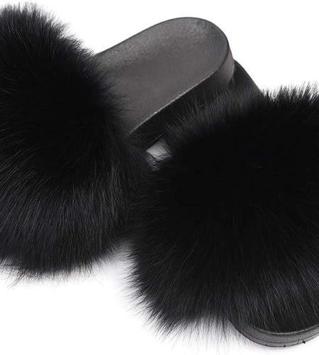 Real Fox Fur Slides for Women - Furry Slides Fluffy Fur Slippers Open Toe Flat Slides Fur Sandals Outdoor