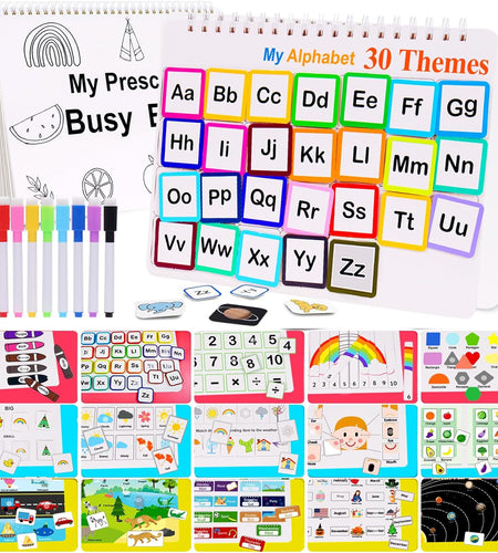 Busy Book for Kids, Montessori Preschool Learning Activities,30 Themes Book with 8 Marker, Workbook Activity Binder/Toys for Toddlers 1-3, Autism Learning Materials and Tracing Coloring Book