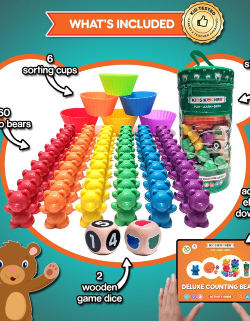 Load image into Gallery viewer, Jumbo Counting Bears Matching Game - Montessori Fine Motor Learning Toys with Stacking Cups, 60 Preschool Math Manipulatives, 2 Toddler Games Dice, Toy Storage &amp; Activities Ebook
