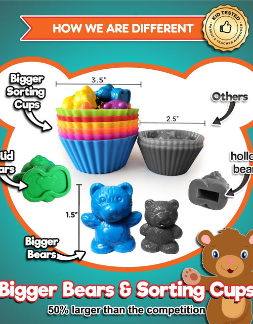 Load image into Gallery viewer, Jumbo Counting Bears Matching Game - Montessori Fine Motor Learning Toys with Stacking Cups, 60 Preschool Math Manipulatives, 2 Toddler Games Dice, Toy Storage &amp; Activities Ebook
